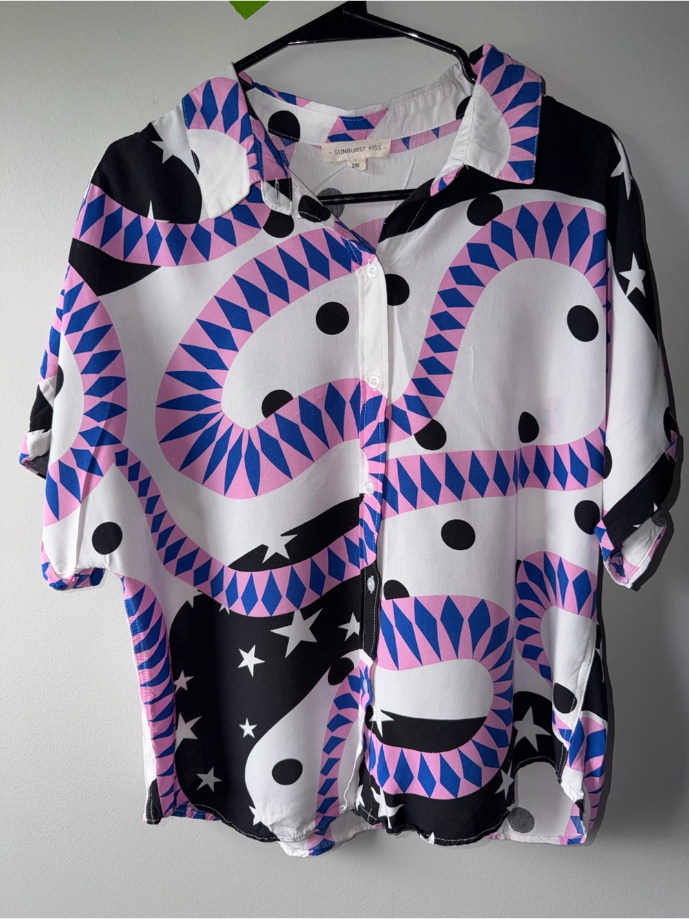 Bold Geometric Print Button-Up Shirt in Pink, Blue & Black
